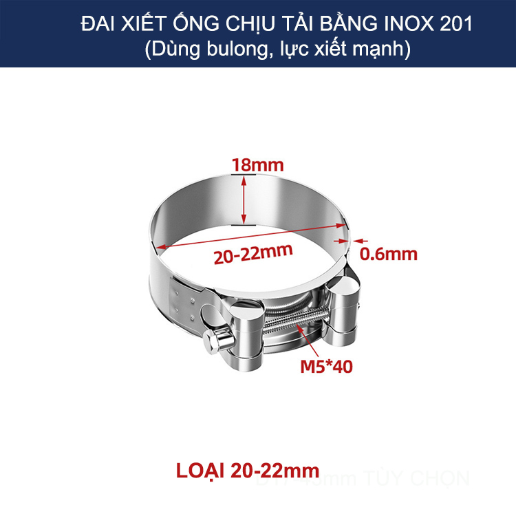 Bộ 2 đai xiết ống tròn chịu tải bằng inox 201, dùng bulong xiết rất chắc chắn (D17-43mm tùy chọn)