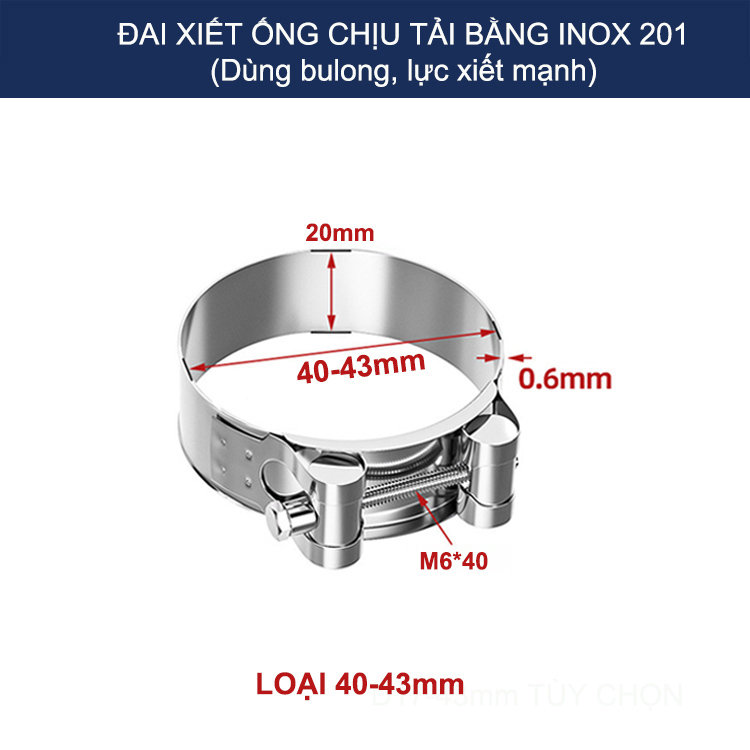 Bộ 2 đai xiết ống tròn chịu tải bằng inox 201, dùng bulong xiết rất chắc chắn (D17-43mm tùy chọn)
