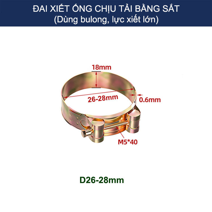 Bộ 2 đai xiết ống tròn chịu tải bằng sắt chống gỉ, dùng bulong xiết rất chắc chắn (D17-43mm tùy chọn)