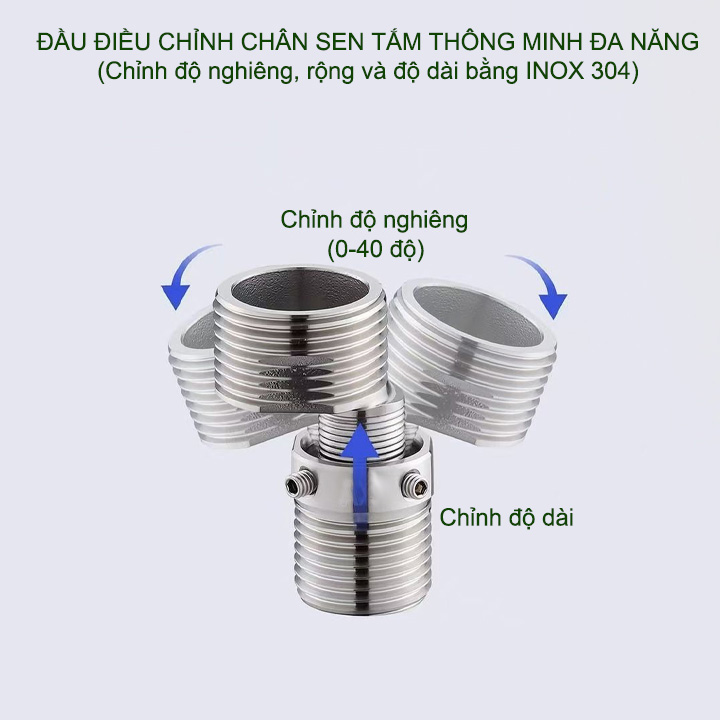 01 Phụ kiện chân sen tắm nóng lạnh điều chỉnh nghiêng, lệch tâm, độ dài thông minh thế hệ mới bằng inox 304