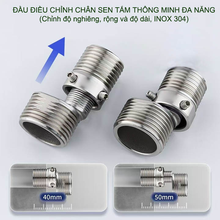 01 Phụ kiện chân sen tắm nóng lạnh điều chỉnh nghiêng, lệch tâm, độ dài thông minh thế hệ mới bằng inox 304