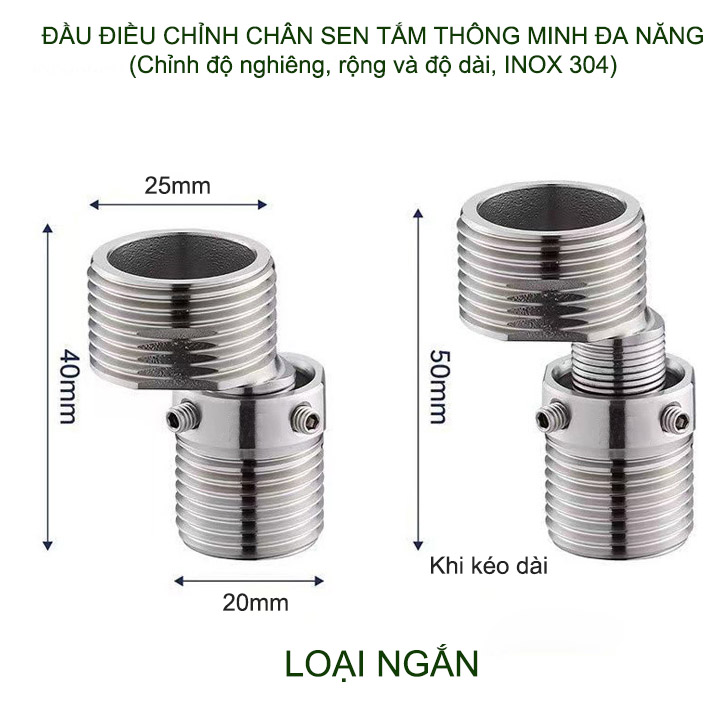 01 Phụ kiện chân sen tắm nóng lạnh điều chỉnh nghiêng, lệch tâm, độ dài thông minh thế hệ mới bằng inox 304
