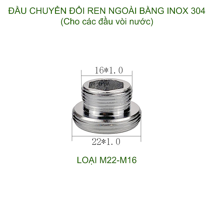 01 Đầu nối chuyển đổi vòi nước bằng inox 304, 1 đầu ren ngoài 22, 1 đầu ren ngoài 16-18-20-22-24 tùy chọn