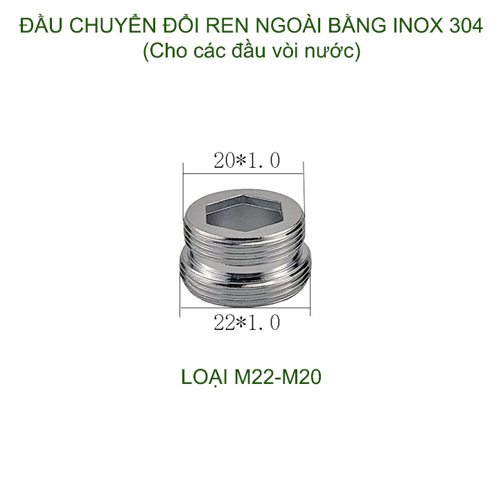 01 Đầu nối chuyển đổi vòi nước bằng inox 304, 1 đầu ren ngoài 22, 1 đầu ren ngoài 16-18-20-22-24 tùy chọn
