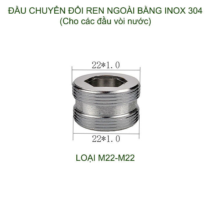 01 Đầu nối chuyển đổi vòi nước bằng inox 304, 1 đầu ren ngoài 22, 1 đầu ren ngoài 16-18-20-22-24 tùy chọn