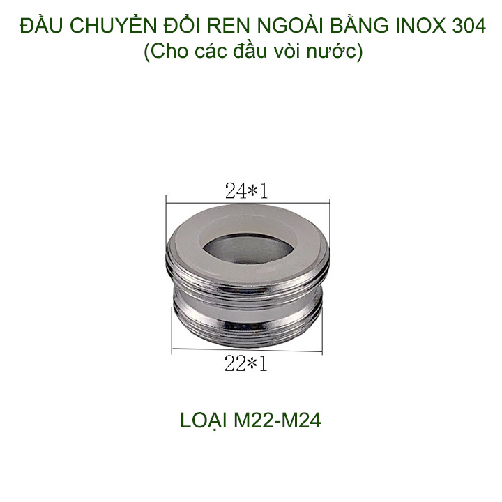 01 Đầu nối chuyển đổi vòi nước bằng inox 304, 1 đầu ren ngoài 22, 1 đầu ren ngoài 16-18-20-22-24 tùy chọn