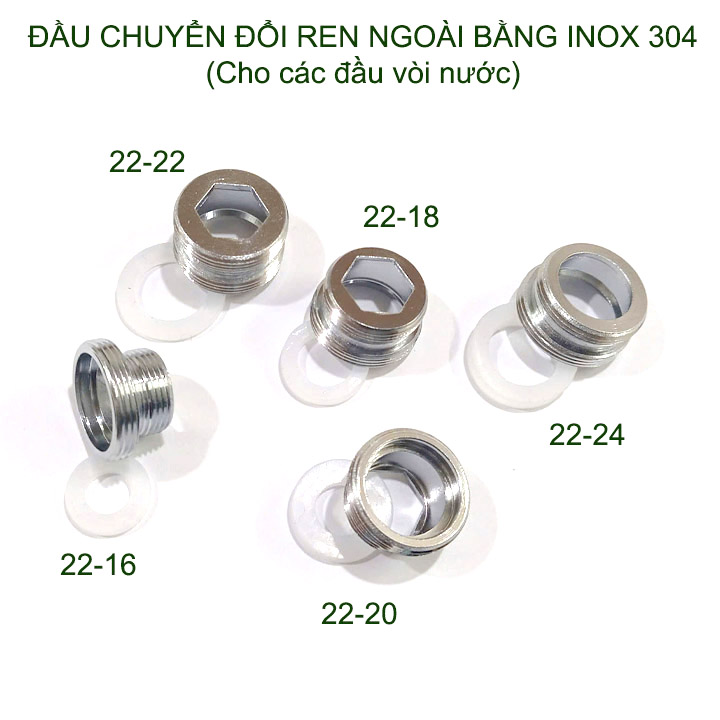 01 Đầu nối chuyển đổi vòi nước bằng inox 304, 1 đầu ren ngoài 22, 1 đầu ren ngoài 16-18-20-22-24 tùy chọn