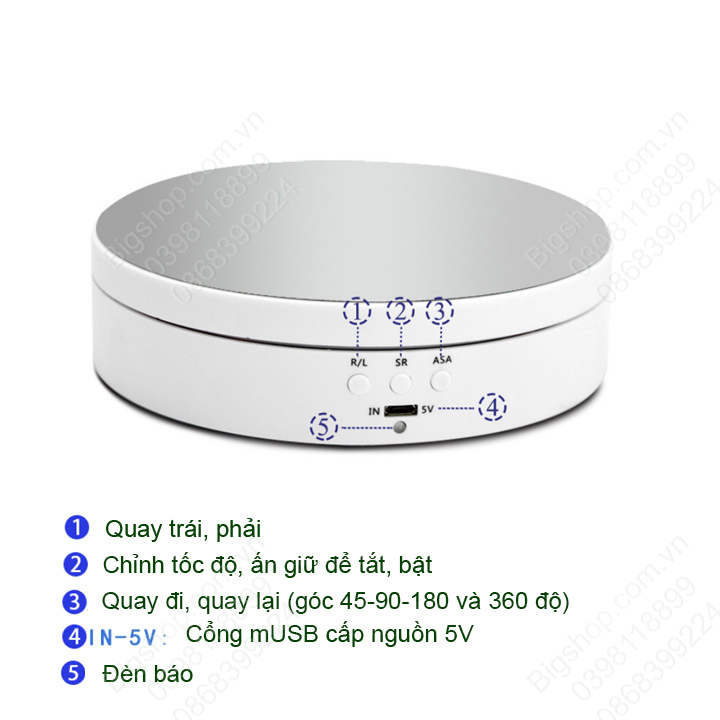 Đế xoay trưng bày sản phẩm, loại nhỏ 138mm mặt gương, có dây cấp nguồn