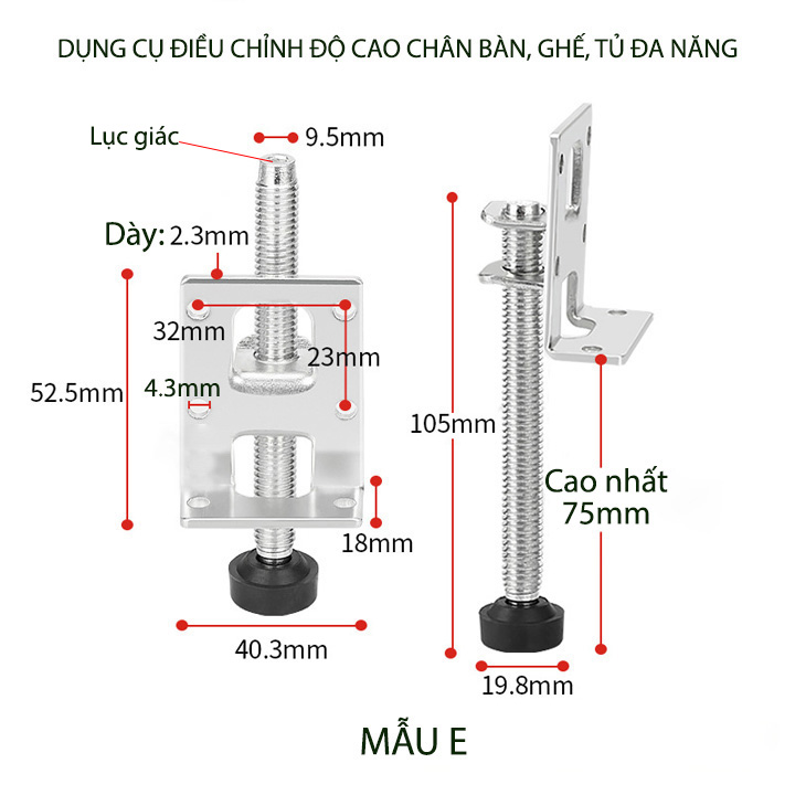 Dụng cụ điều chỉnh độ cao chân tủ, bàn, ghế đa năng làm thép mạ kẽm chống gỉ