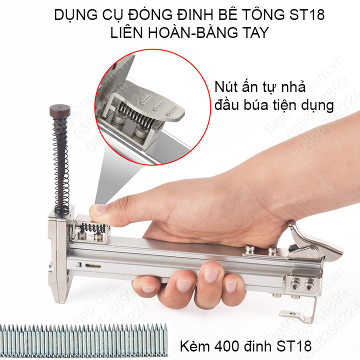 Dụng cụ hỗ trợ đóng đinh bê tông liên hoàn kèm 400 đinh ST18 (Có nút ấn tự nhả đầu búa-Loại tốt)
