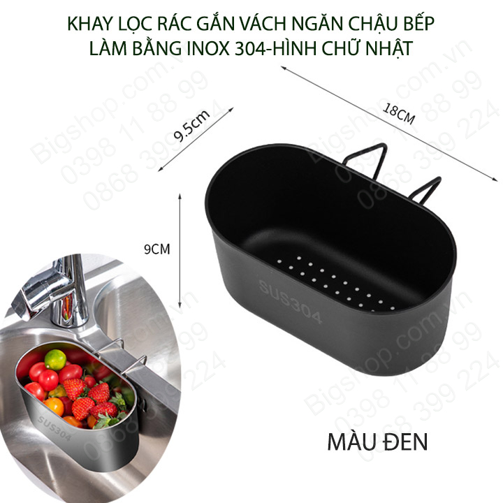 Khay lọc rác lọc đồ thừa gắn vách ngăn chậu rửa bát đôi, làm bằng inox 304 (I304P2)-hình elip