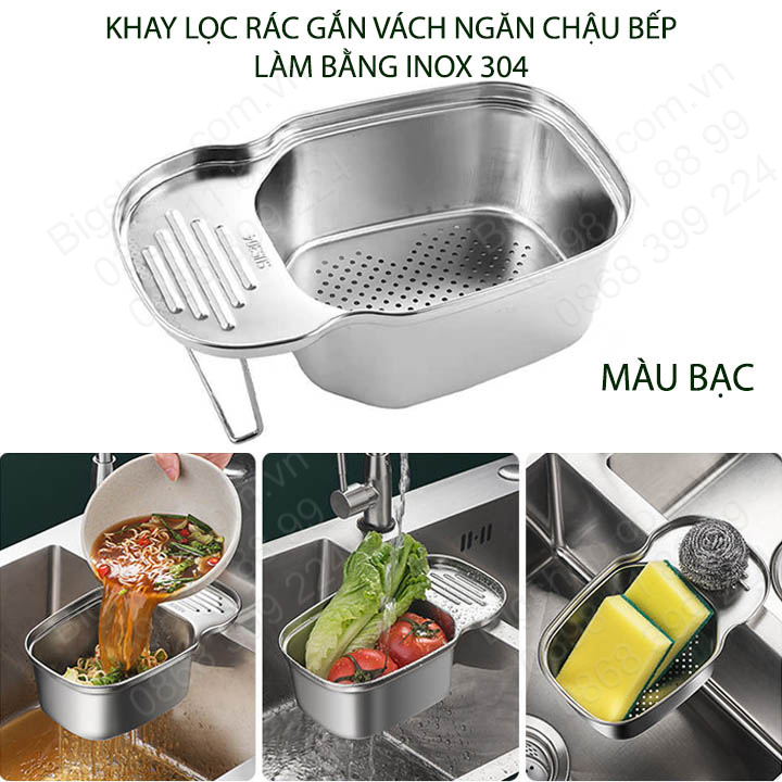 Khay lọc rác thông minh, để đồ củ quả ráo nước, gác vách ngăn chậu rửa bát đôi, làm bằng inox 304 (I304P3)