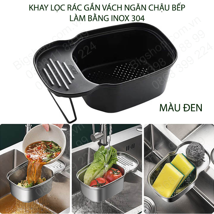 Khay lọc rác thông minh, để đồ củ quả ráo nước, gác vách ngăn chậu rửa bát đôi, làm bằng inox 304 (I304P3)