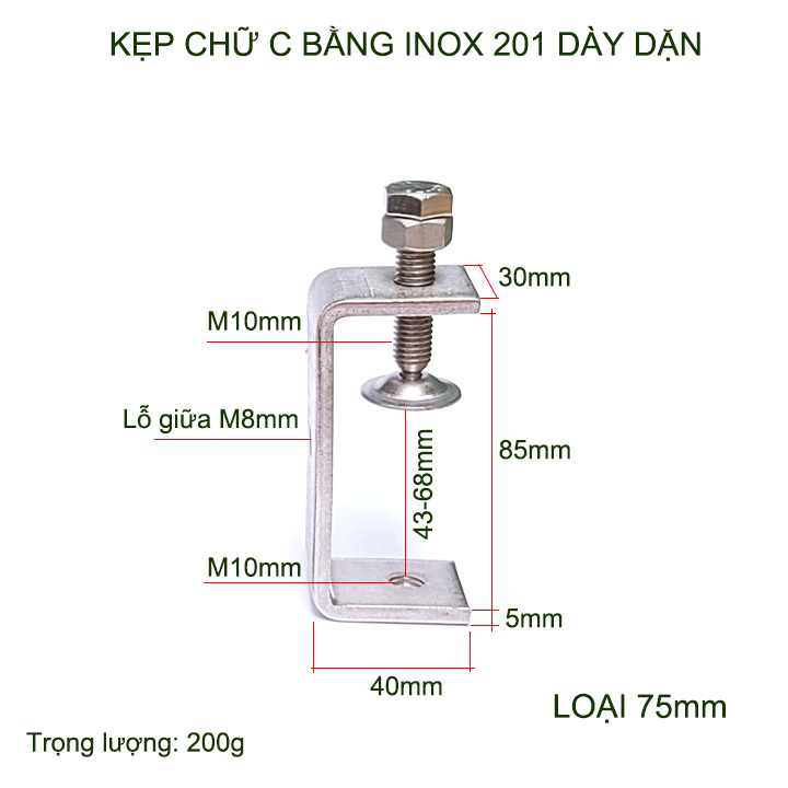 01 Kẹp chữ C bằng inox 201 không gỉ, dày dặn chắc chắn dùng cho nghề ...