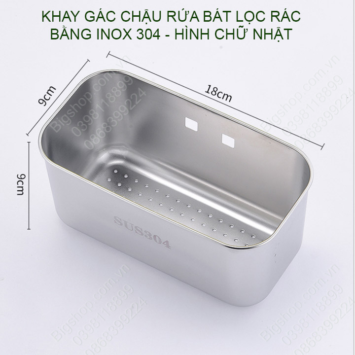 Khay lọc rác lọc đồ thừa gắn chậu rửa bát bằng inox 304, hình chữ nhật
