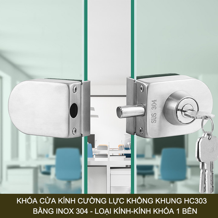 Khóa cửa kính cường lực không khung bằng inox 304, loại khóa ngoài, kính-kính (HC303)