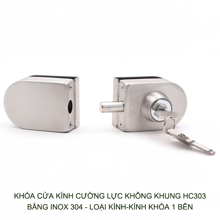 Khóa cửa kính cường lực không khung bằng inox 304, loại khóa ngoài, kính-kính (HC303)