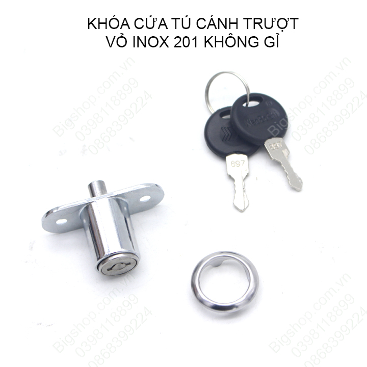 Khóa cửa tủ trượt vỏ inox 201 không gỉ, cánh tủ dày tối đa 24mm