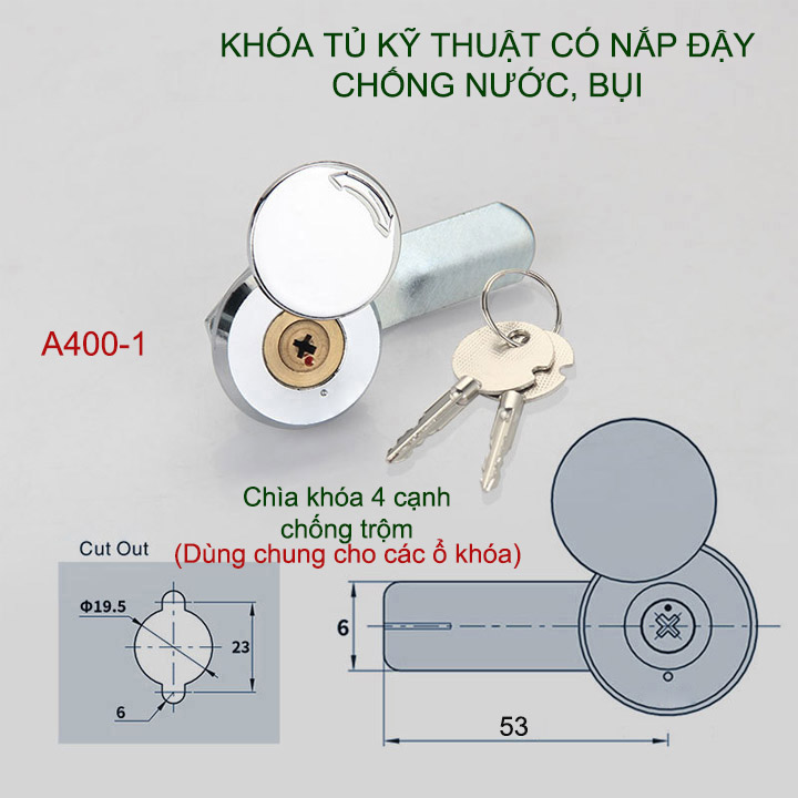 Khóa tủ kỹ thuật có nắp che chống nước, bụi, kèm 2 chìa khóa 4 cạnh (loại chìa khóa dùng chung)