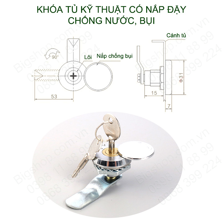 Khóa tủ kỹ thuật có nắp che chống nước, bụi, kèm 2 chìa khóa 4 cạnh