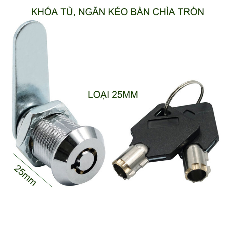 Ổ khóa cửa tủ, ngăn kéo bàn an toàn, loại dài 16-20-25-30mm tùy chọn, kèm 2 chìa khóa tròn