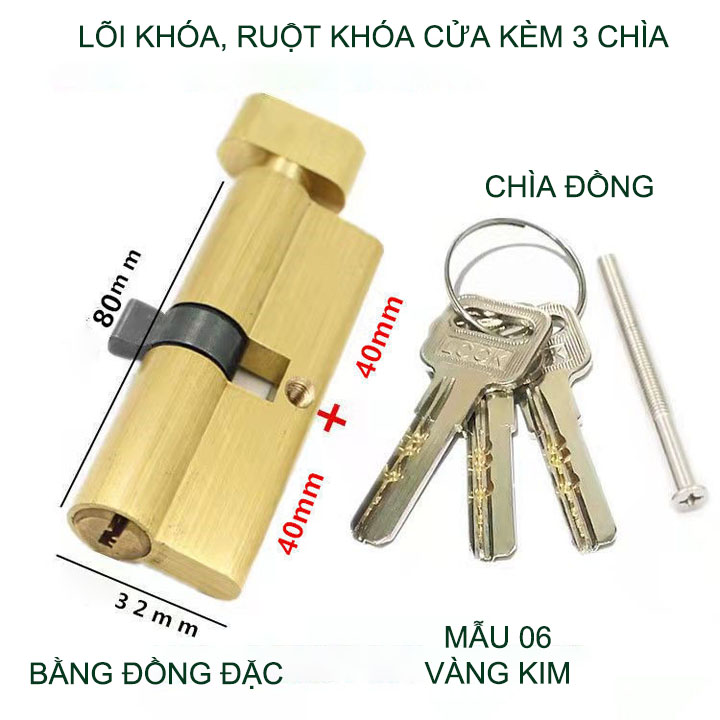 Lõi khóa cửa tay gạt dài 80mm, khóa 1 bên, vặn 1 bên kèm 3 chìa (Mẫu 6 vàng kim, bằng đồng nguyên khối)