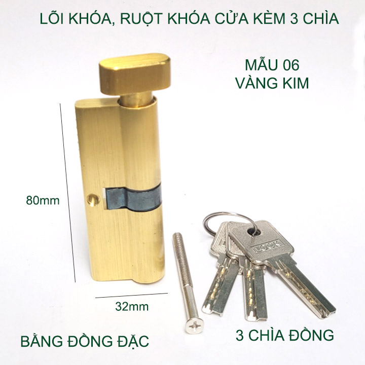 Lõi khóa cửa tay gạt dài 80mm, khóa 1 bên, vặn 1 bên kèm 3 chìa (Mẫu 6 vàng kim, bằng đồng nguyên khối)