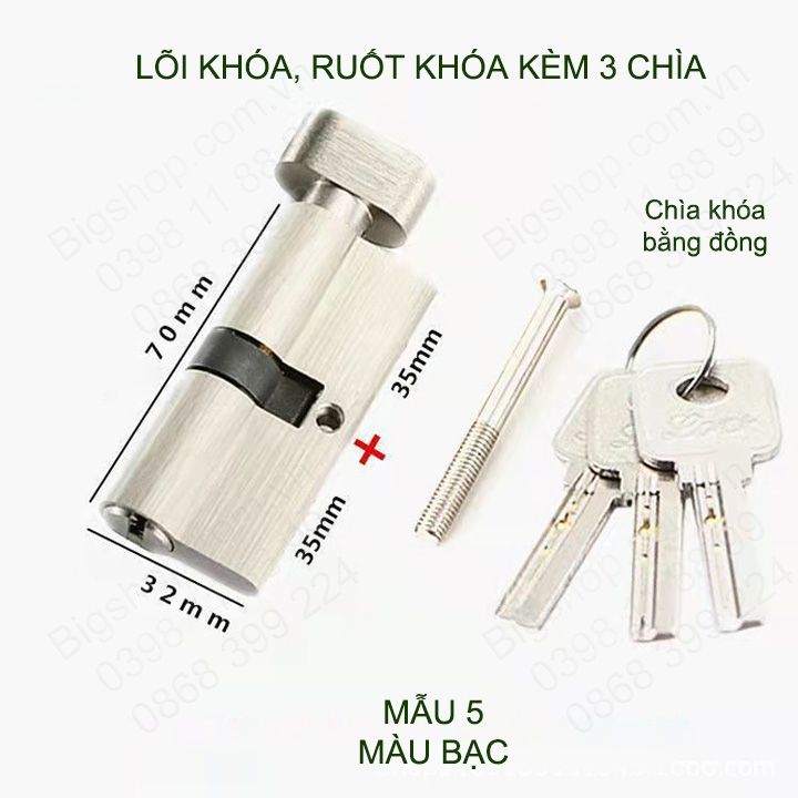 Lõi khóa cửa tay gạt, khóa 1 bên, vặn 1 bên kèm 3 chìa, có nhiều mẫu cho khách lựa chọn