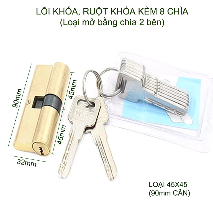 Lõi khóa cửa tay gạt bằng đồng, khóa 2 bên kèm 8 chìa, có nhiều kích cỡ cho khách lựa chọn
