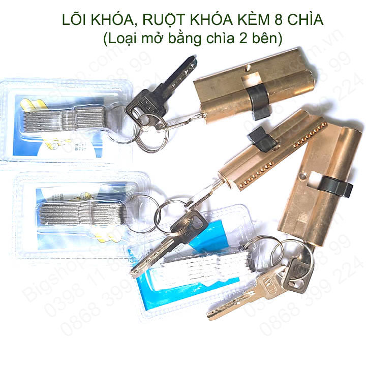 Lõi khóa cửa tay gạt bằng đồng, khóa 2 bên kèm 8 chìa, có nhiều kích cỡ cho khách lựa chọn