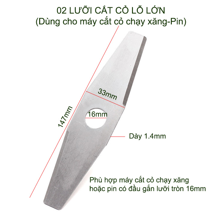 (Phụ kiện máy cắt cỏ chạy xăng) Bộ 2 Lưỡi cắt cỏ thép dẹt dài 147mm, lỗ lớn D16mm