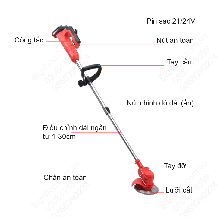 Máy cắt cỏ chạy pin sạc 21V-850W, kèm theo các loại lưỡi cắt