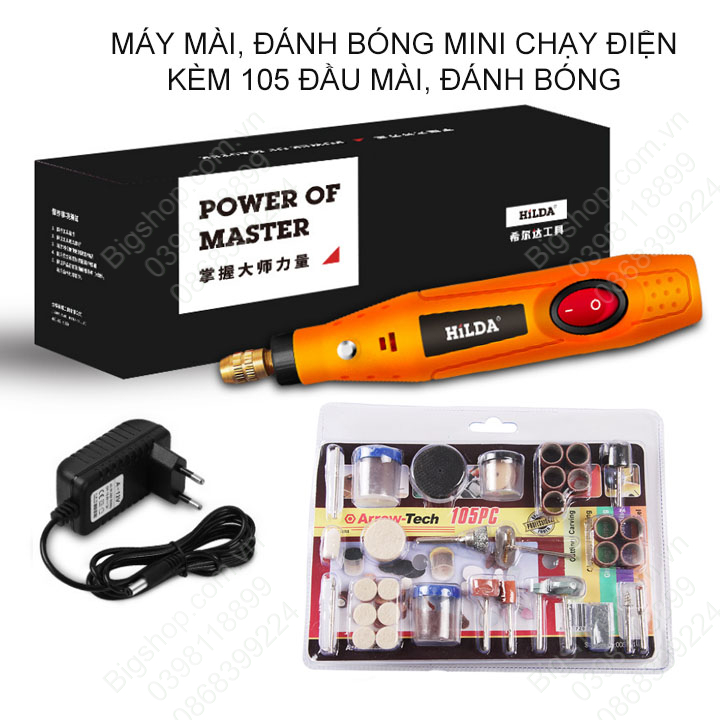 Máy mài, đánh bóng mini cầm thay chạy điện 220V/12VDC (loại tốt) kèm bộ phụ kiện đầu mài, đánh bóng