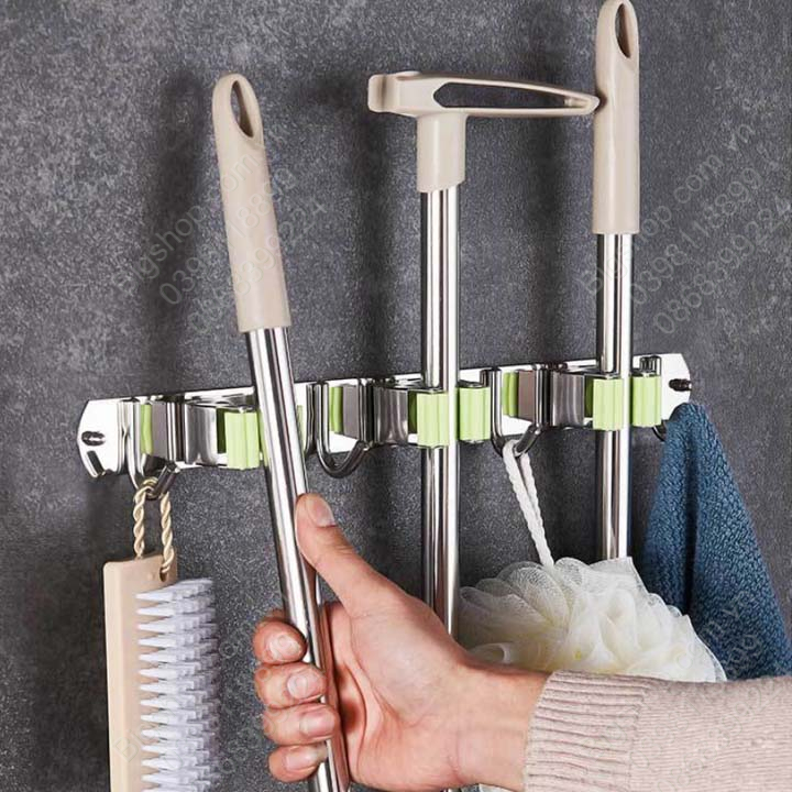 Móc treo kẹp giữ chổi đa năng bằng inox 304, dùng keo dán hoặc vít