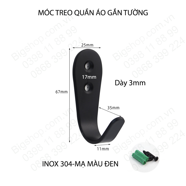 Móc treo quần áo inox 304 dày 2.5mm mạ màu đen, loại móc đơn