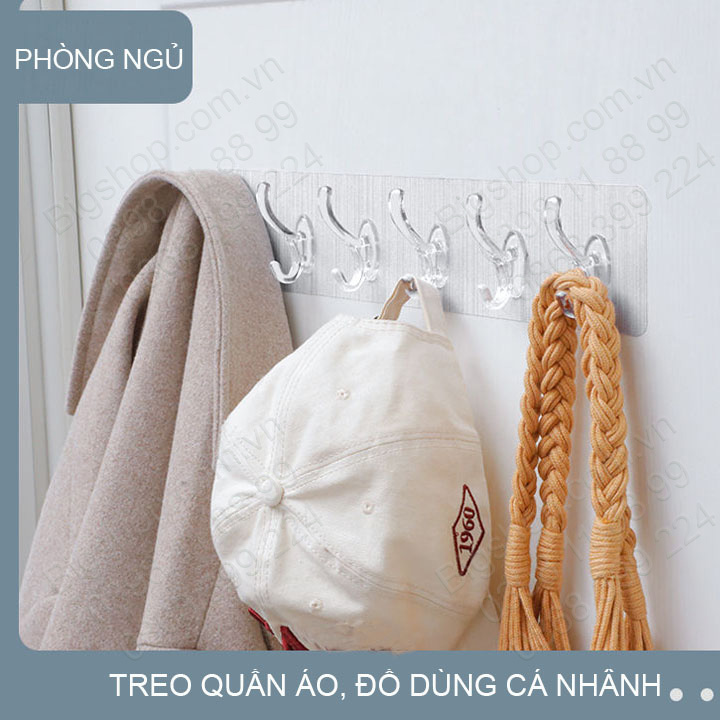 Thanh 6 móc treo quần áo, đồ đa năng dán tường, bằng nhựa trong suốt