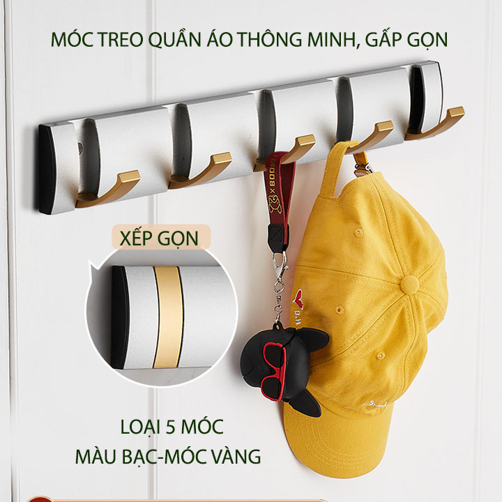 Thanh 5 móc treo quần áo gấp gọn thông minh gắn tường, bằng hợp kim nhôm sơn tĩnh điện, dùng trong nhà tắm, phòng thay đồ