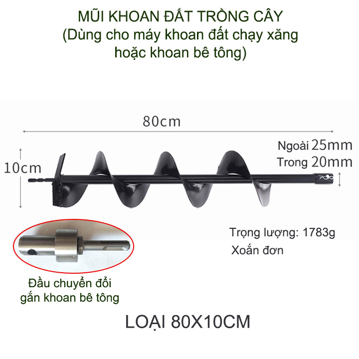 01 Mũi khoan đất trồng cây, loại đường kính 10-15cm, dài 80cm, xoắn đơn, dùng cho máy khoan chuyên dụng