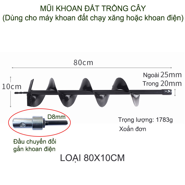 01 Mũi khoan đất trồng cây, loại đường kính 10-15cm, dài 80cm, xoắn đơn, dùng cho máy khoan chuyên dụng