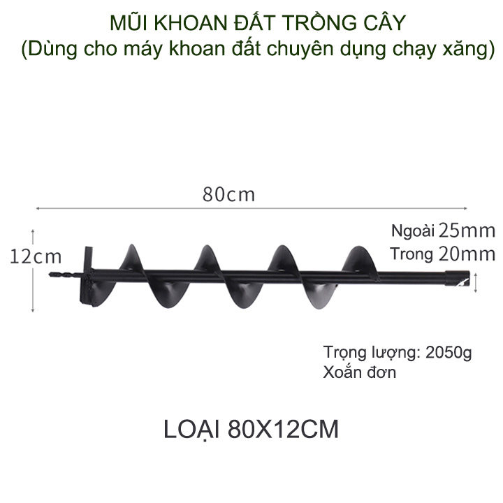 01 Mũi khoan đất trồng cây, loại đường kính 10-15cm, dài 80cm, xoắn đơn, dùng cho máy khoan chuyên dụng