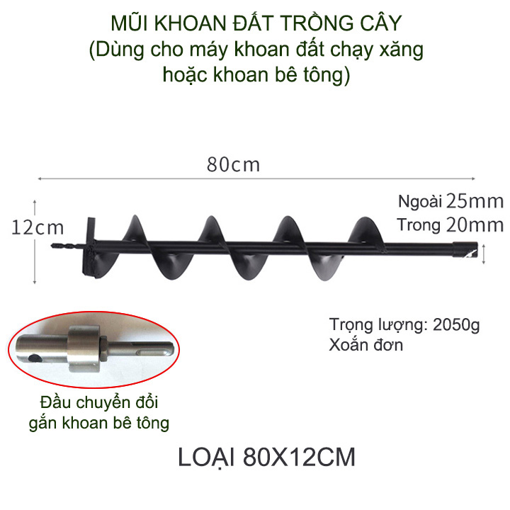 01 Mũi khoan đất trồng cây, loại đường kính 10-15cm, dài 80cm, xoắn đơn, dùng cho máy khoan chuyên dụng