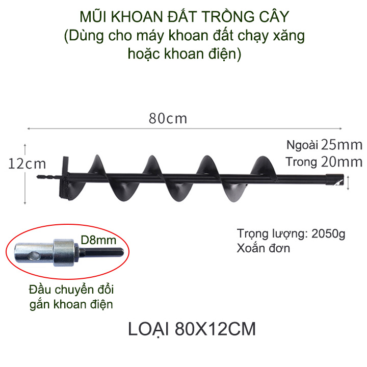 01 Mũi khoan đất trồng cây, loại đường kính 10-15cm, dài 80cm, xoắn đơn, dùng cho máy khoan chuyên dụng