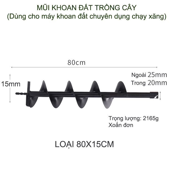 01 Mũi khoan đất trồng cây, loại đường kính 10-15cm, dài 80cm, xoắn đơn, dùng cho máy khoan chuyên dụng