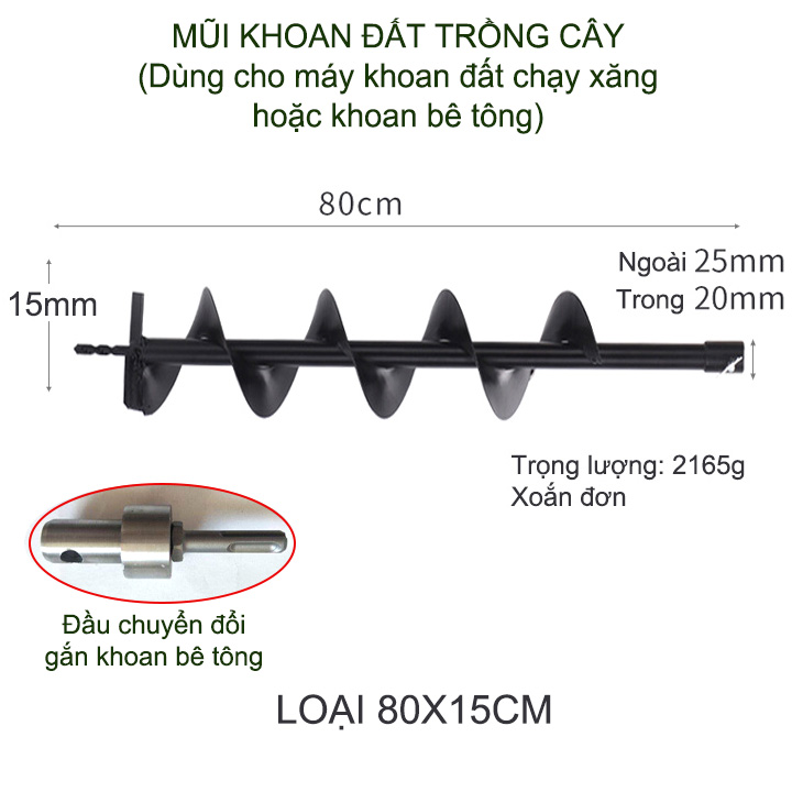 01 Mũi khoan đất trồng cây, loại đường kính 10-15cm, dài 80cm, xoắn đơn, dùng cho máy khoan chuyên dụng