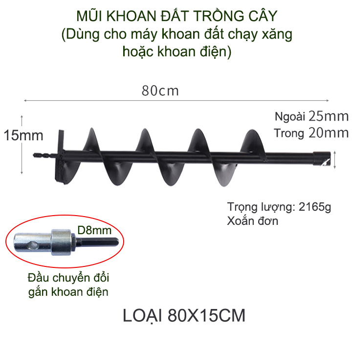 01 Mũi khoan đất trồng cây, loại đường kính 10-15cm, dài 80cm, xoắn đơn, dùng cho máy khoan chuyên dụng