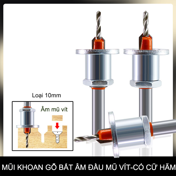 Mũi khoan gỗ bắt âm đầu mũ vít, loại có cữ hãm, đầu âm 10mm, nhiều kích cỡ cho khách lựa chọn