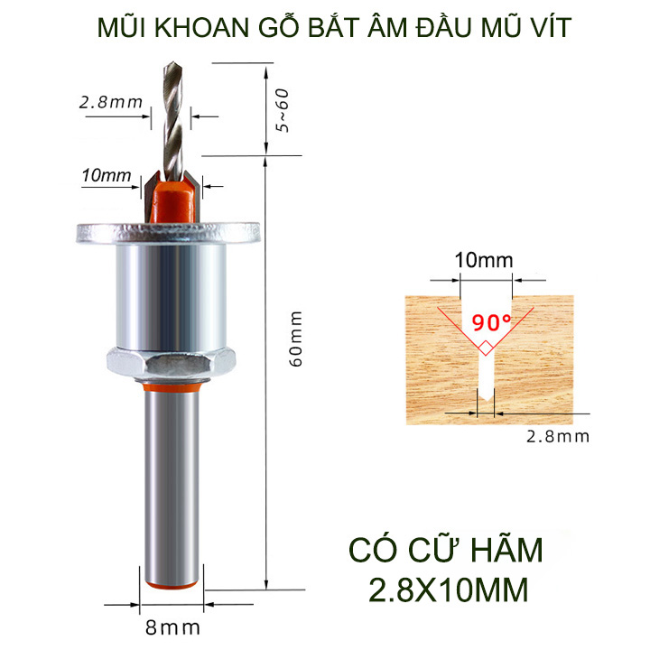 Mũi khoan gỗ bắt âm đầu mũ vít, loại có cữ hãm, đầu âm 10mm, nhiều kích cỡ cho khách lựa chọn
