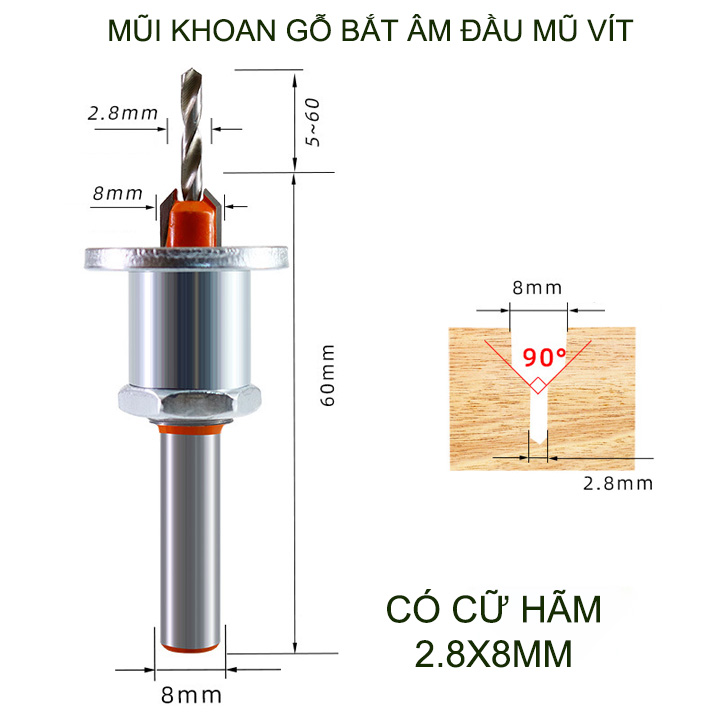 Mũi khoan gỗ bắt âm đầu mũ vít, loại có cữ hãm, đầu âm 8mm, nhiều kích cỡ cho khách lựa chọn