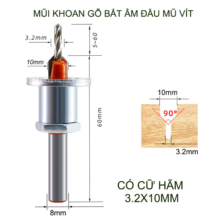 Mũi khoan gỗ bắt âm đầu mũ vít, loại có cữ hãm, đầu âm 10mm, nhiều kích cỡ cho khách lựa chọn