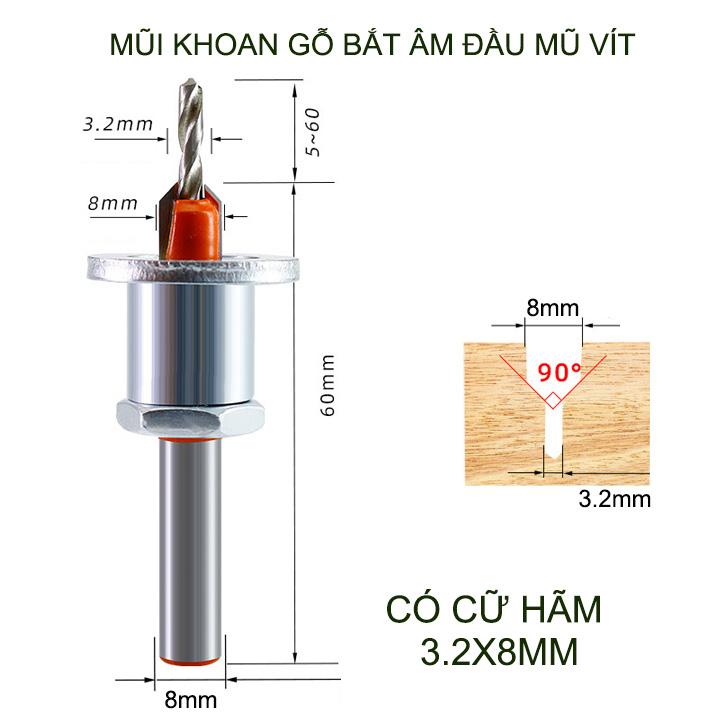 Mũi khoan gỗ bắt âm đầu mũ vít, loại có cữ hãm, đầu âm 8mm, nhiều kích cỡ cho khách lựa chọn